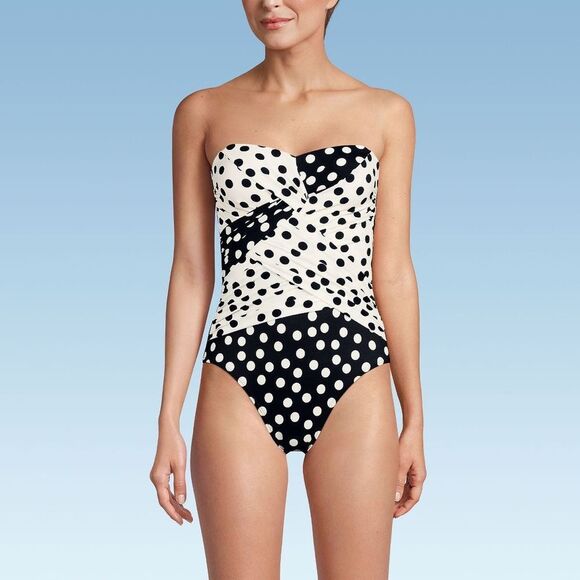 Land's End one piece swimsuit Bandeau slender suit black egret tossed dots Var - Picture 6 of 7